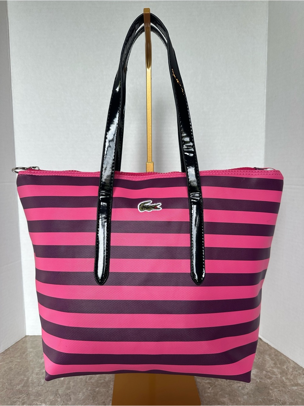 Lacoste L.12.12 Striped Tote Bag Pink Purple Piqué Preppy Y2K Pop Shoulder Purse